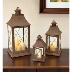 HomeRoots Set of Three Brown Lattice Glass And Metal Floor Lantern Candle Holders