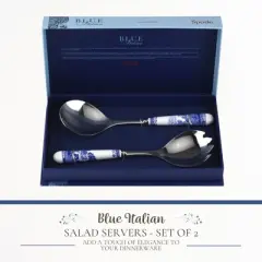 Spode Blue Italian Salad Serving Utensil Set - 10 Inch Spoon & Fork Duo with Porcelain Handles, Stainless Steel Tipped Servers Featuring Scenic Design