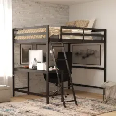 Flash Furniture Riley Loft Bed Frame with Desk, Wooden Bed Frame with Protective Guard Rails & Ladder for Kids and Teens