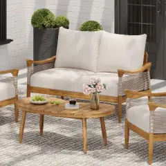 Christopher Knight Home Abell 2 Piece Outdoor Woven Rope Acacia Wood Upholstered Seating Set