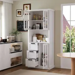 Famapy Modern Kitchen Pantry Cabinet,Tall Storage Organizer with Drawers,Glass Doors for Display,Floating Open Shelf,for Spices and Dishes