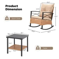 EROMMY 3-Piece Bistro Set,Outdoor PE Rattan Rocking Chairs with Cushions and Coffee Table,Patio Rocker Chair Set for Porch and Backyard
