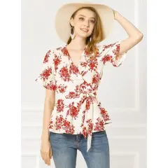 Allegra K Women's Floral V Neck Tie Waist Short Sleeve Belted Ruffle Wrap Top