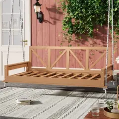 NAYSAYE Patio Swing Wooden Porch Swing Bench with Cushion Pillows Durable Design for Outdoor Relaxation, Natural, 64.75"*26"*6.25"