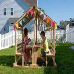Funphix Kids Klubhouse Wooden Playhouse Outdoor Indoor, DIY Backyard Playhouse with Table & Benches