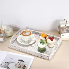 BRINJOY Handwoven Rattan Tray with Wooden Handles - 13.6x9.8 inch White Rectangular Ottoman Tray for Coffee Table Decor