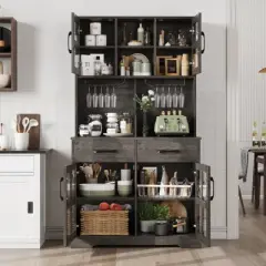 Buenhomino 71" Kitchen Pantry Cabinet with Power Outlet, Large Kitchen Storage Cabinet with Door & Shelves & 2 Drawers, Tall Farmhouse Hutch