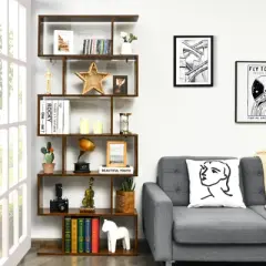 Tangkula 6-Tier S-Shaped Wooden Bookshelf Storage Bookcase Multifunctional  Display Stand Shelf