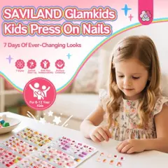 Saviland Kids GlamKids 7-Pack Press-On Nails - 168PCS Pre-Glued Neon Sparkle Animal/Fruit Designs for Girls 8-12 Years with Tabs.