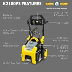 Karcher K2100PS Electric Pressure Washer, 2100 PSI, 1.2 GPM, CETA Certified