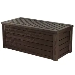 Keter Westwood Outdoor Resin 150 Gallon Deck Storage Box Organizer for Patio Furniture, Pool Toys and Yard Tools with Bench, Brown (2 Pack)