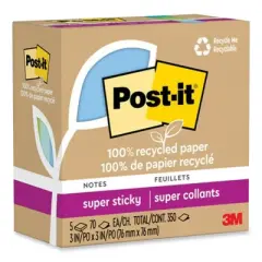 Post-it Notes Super Sticky 100% Recycled Paper Super Sticky Notes, 3" x 3", Oasis, 70 Sheets/Pad, 5 Pads/Pack