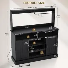 Modern Black Bar Cabinet with Wine Storage, Adjustable Shelves & Cup Rack - Kitchen Dining Room Coffee Bar Organizer