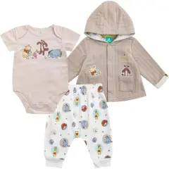 Disney Winnie the Pooh Baby Boys Pants Set with Bodysuit and Hooded Snap Quilted Jacket 3 Pack Set for Infant