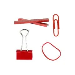 JAM Paper Desk Supply Assortment Red 1 Rubber Bands 1 Small Binder Clips 1 Staples & 1 Small Paper