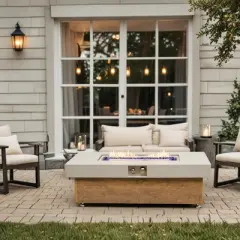 Black 48 inch Iron Fire Pit Table with Wood Grain for Patio Backyard Deck Outdoor Fireplaces Stove