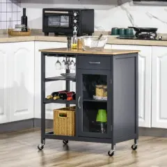 HOMCOM Utility Kitchen Cart, Rolling Kitchen Island Storage Trolley with Rack, Shelves, Drawer and Cabinet, Gray