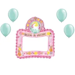 LOONBALLOON Unicorn Theme Balloon Set, 27 Inch Magical Unicorn Air-Fill Selfie Frame Balloon  and 4x latex balloons