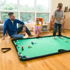HearthSong - Golf Pool Indoor Family Game-Includes Two Golf Clubs, 16 Balls, Green Mat, and Rails for Kids