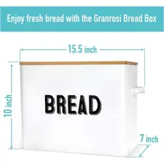 Granrosi 10" Tall Vintage-Inspired Farmhouse Metal Bread Keeper Box Storage Container with Bamboo Wooden Lid and 2 Handles, White