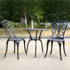 3-Piece Vintage Carved Patio Seating Set,Aluminium Patio Accent Chair Set Of 2,Round Table,Armless Chair With Petal-shaped Back-Maison Boucle