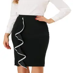 Allegra K Women's High Waist Ruffle Trim Split Work Office Pencil Skirts