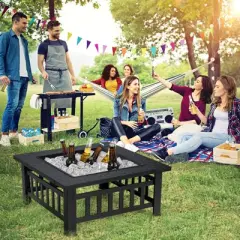 Tangkula 3 in 1 Patio Fire Pit Table Outdoor Square Fire bowel w/ BBQ Grill & Rain Cover