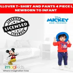 Disney Mickey Mouse Baby Pants Pullover T-Shirt and Bodysuit 4 Piece Layette Set Newborn to Infant 