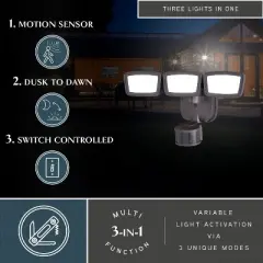 VAXCEL Integrated LED Motion Sensor Dusk to Dawn 3-Head Outdoor Security Flood Light - 240 Degree - 85 Ft.