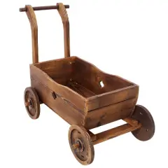 Wooden Wagon Planter Box, Mobile Garden Planter with 4 Wheels, Handle, Drain Hole, Decorative Flower Planter Brown
