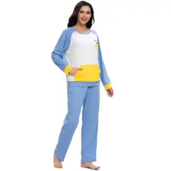 cheibear Womens Sleepwear Crew Neck Nightwear with Pants Pockets Loungewear Pajama Set