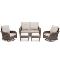 Buenhomino 5 Piece Patio Furniture Set, Wicker Patio Conversation Sets with Swivel Chairs, Outdoor Loveseat Sofa Sets with 2 Ottomans for Backyard