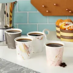 Sparkle and Bash 100 Pack Disposable 4 oz Paper Cups for Coffee, Espresso, Mouthwash, 4 Marble Designs