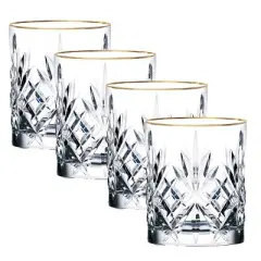 Lorren Home Trends Siena Collection Set of 4 Crystal Double Old Fashion beverage Glass with gold band design