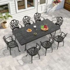 (9-PC)Premium Black Cast Aluminum Patio Set - Weather-Resistant Outdoor Table & Chairs with Beige Cushions