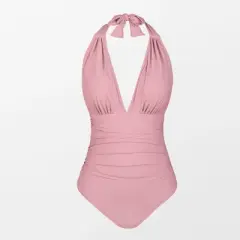 Women's Plunge Halter Backless Ruched One Piece Swimsuit - Cupshe
