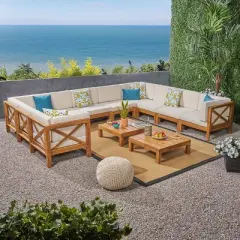 Christopher Knight Home Keith Outdoor Acacia Wood 10 Seater Sectional Sofa Chat Set with Cushions