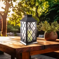 LumaBase Solar-Powered Lantern with LED Candle - Black Tudor