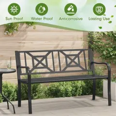 Huxxion 50" Outdoor Garden Bench, Iron Metal Frame Patio Bench with Backrest Armrests, Weatherproof Anti-Rust Outdoor Bench