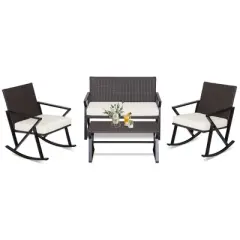 Costway 4PCS Patio Rattan Wicker Rocking Chairs Loveseat Table Rocker Set Cushions Porch