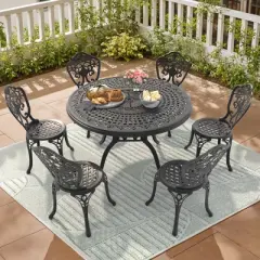 7-Piece Patio Set: Round Table & 6 Chairs - Cast Aluminum, All-Weather/Umbrella Hole & Adjustable Legs for Balcony/Backyard