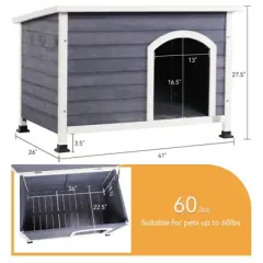 DOMETOUR Medium Wooden Outdoor Dog House, Waterproof Roof, Elevated Floor, Grey