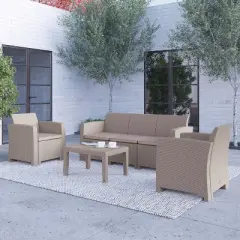 Merrick Lane 4 Piece Faux Rattan Patio Furniture Set with 2 Chairs and Sofa with Removable Beige Cushions and Table