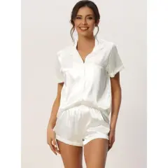 cheibear Women's Satin Button Short Sleeve Shirt and Shorts 2 Pcs Pajama Set