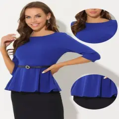 Allegra K Women's 3/4 Sleeve Belted Elegant Business Work  Peplum Top