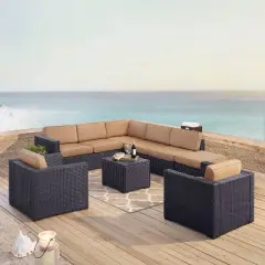 Biscayne 7pc Outdoor Wicker Sectional Set with Arm Chairs & Ottoman - Mocha - Crosley