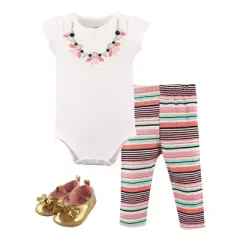 Little Treasure Baby Girl Cotton Bodysuit, Pant and Shoe 3pc Set, Sparkle Necklace