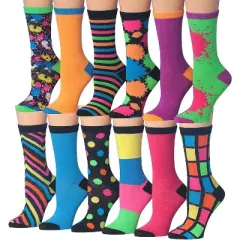 Tipi Toe Women's 12 Pack Bright Colorblock, Paintsplash Patterned Lightweight Crew Socks