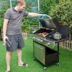 Captiva Designs E02GR001 Stainless Steel 4-Burner Propane Gas Grill with Side Burner and Side Tables