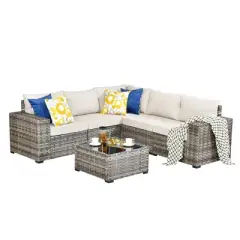 Marlton 6pc Wicker Outdoor Patio Furniture Set Conversation Sofa Sectional with a Table and Cushions